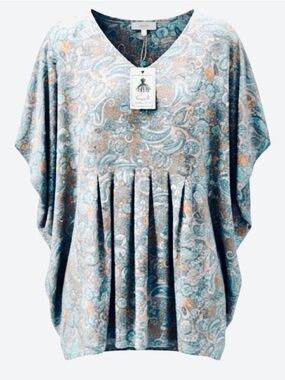 NWT Easel Paisley V-Neck Dolman Tunic in Blue, Orange, Pink-Flowy Size M